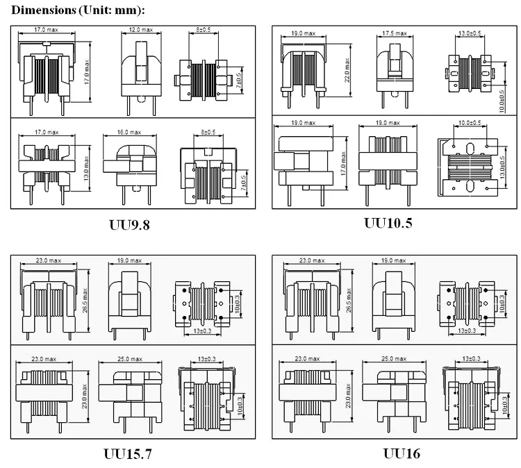 Uu9.8/Uu10.5/Uu15.7/Uu16 Type EMI Common Mode Choke Inductors